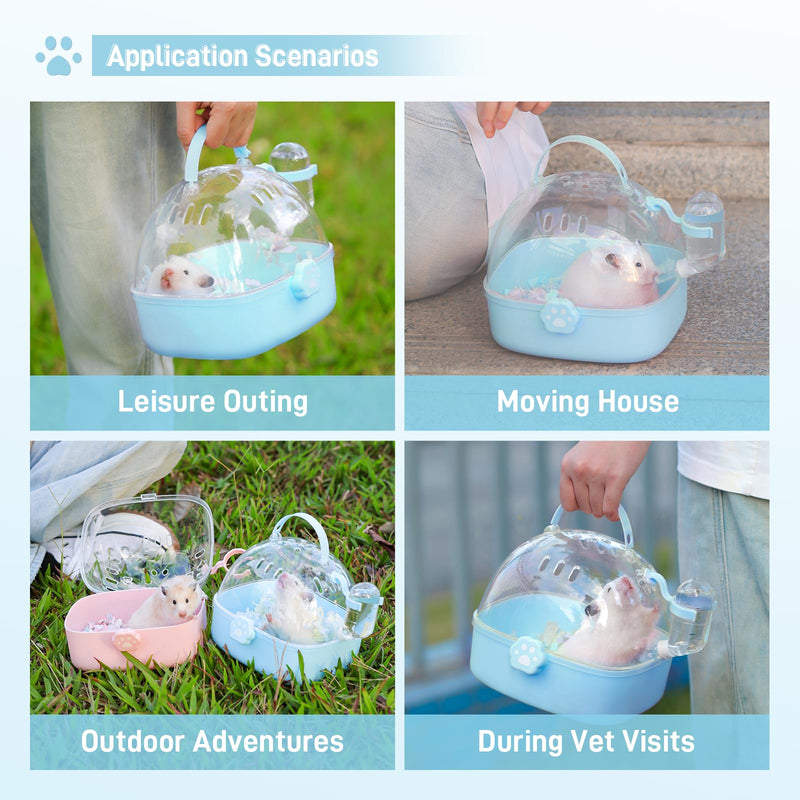 BUCATSTATE Small Animal Carrier Cage with Water Bottle, Portable Hamster Travel Carrier Carry Case 7.24" L*6.69 W *6.42" H for Small Pets, Gerbils, Mice, Dwarf Hamster (Blue) Blue