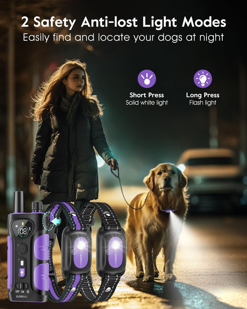 SLOPEHILL Dog Shock Collar,4200FT Dog Training Collar with Remote,IPX8 Waterproof E-Collar with Beep,Vibration,Shock,Flashing Light,No Shock Model,Electric Shock Collar for Dogs,Purple 2PCS Purple