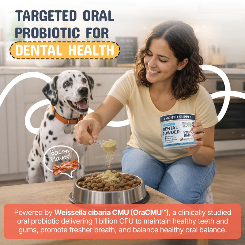 Pets Are Kids Dog Dental Powder | Premium Breath Freshener with OraCMU™ Probiotic for Gut Support | Easy-to-Mix Dog Teeth Cleaning Powder | Fights Bad Breath, Tartar & Plaque | Bacon Flavor, 60 Scoops - PawsPlanet Australia
