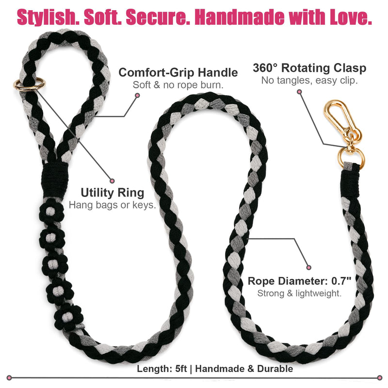 Handmade 5ft Braided Cotton Dog Leash with Unique Floral Handle, Durable and Stylish, Ideal for Small to Large Dogs, Black - PawsPlanet Australia
