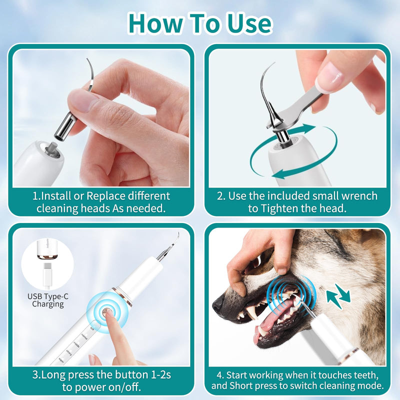 Dog Plaque Tartar Remover, Electric Toothbrush Teeth Cleaner Dental Care Kit for Dogs Cats- 5 Modes LED IPX6 Waterproof Auto-Stop Gum Protection USB Charge, 3 Brush Heads, Pet Teeth Cleaning Tools