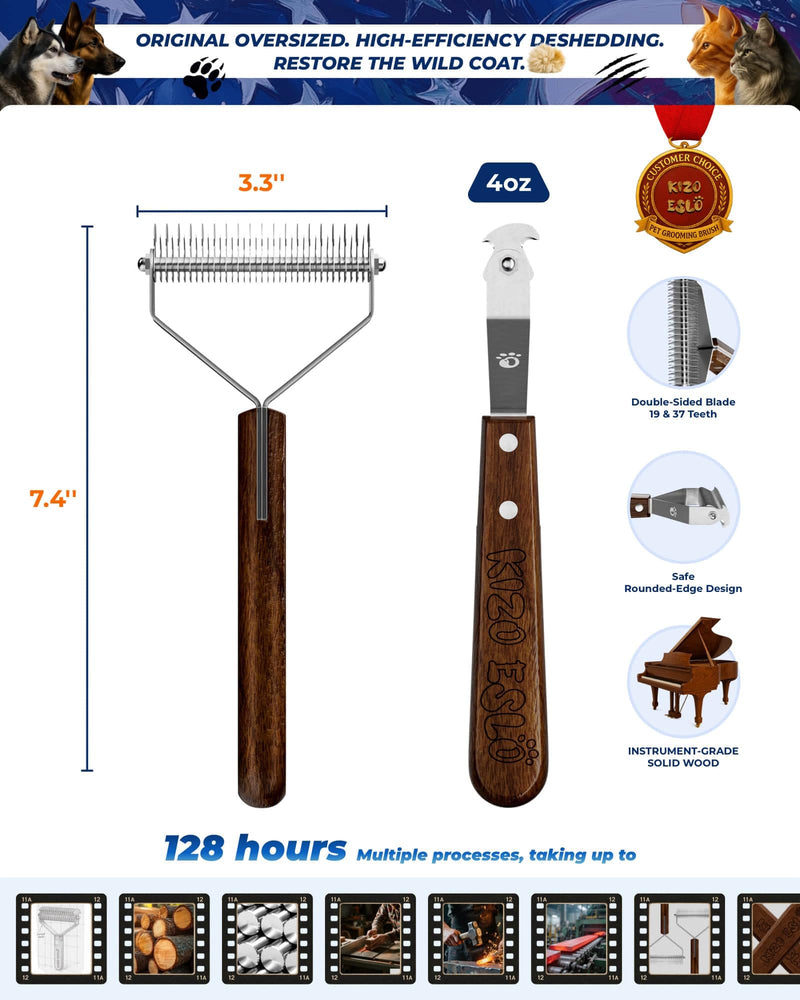 Dog Brush for Shedding 20 Blade Dematting Tool Pet Brush Dual Side, Undercoat Rake for Large Medium Small Dogs and Cats, Shedding Dog Comb for Grooming, Premium Wood Handle L Pro - Walnut - PawsPlanet Australia