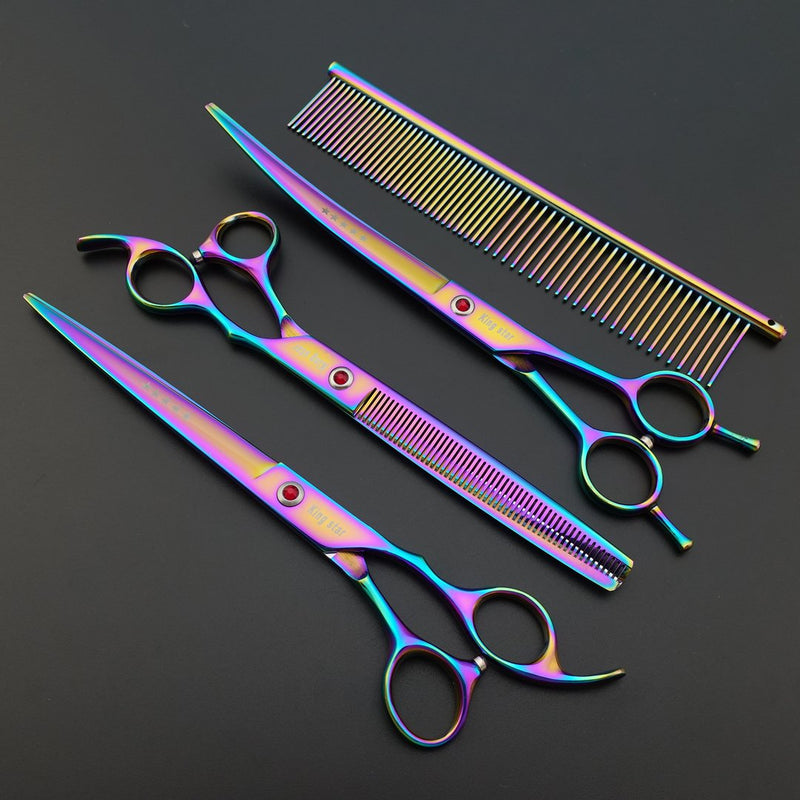 KINGSTAR 8.0in. Professional Pet Grooming Scissors Set,Titatium Plated Straight & Thinning & Curved Scissors Set with Comb,Dog Grooming,A563 8 inches 8 Inches Rainbow 3pcs Set - PawsPlanet Australia