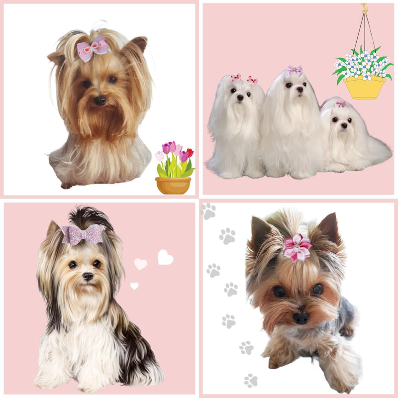 20pcs Light Pink Small Puppy Dog Hair Bows with Rubber Bands, Flower Ball Bowknot Rhinestone Pearls Hair Ties Mix Style for Dog Hair Accessories - PawsPlanet Australia