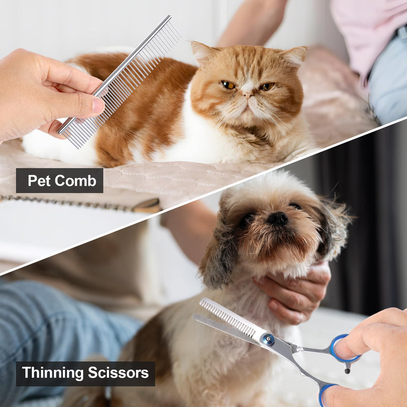 5-in-1 Dog Grooming Scissors Set with Safety Round Tip, Professional Stainless Steel Pet Grooming Kit for Dogs, Cats, Includes Curved, Straight, Thinning Scissors & Comb - PawsPlanet Australia
