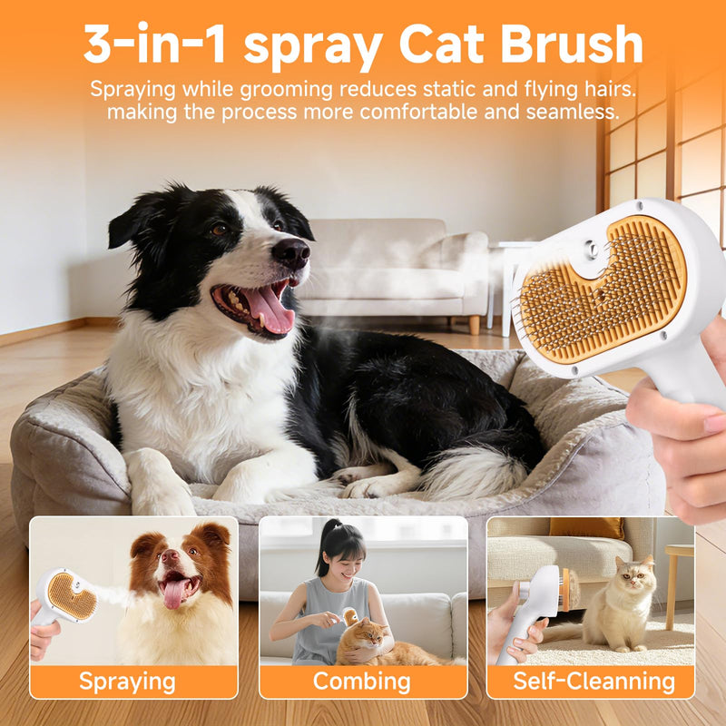 Pet Steam Brush for Dog & Cat – 3-in-1 Spray Hair Removal Comb for Shedding & Grooming, Softens Fur & Reduces Static – Water Brush for Long & Short Coats, Bath-Hating Pets, Includes Waterless Shampoo 7.6″-240ML - PawsPlanet Australia