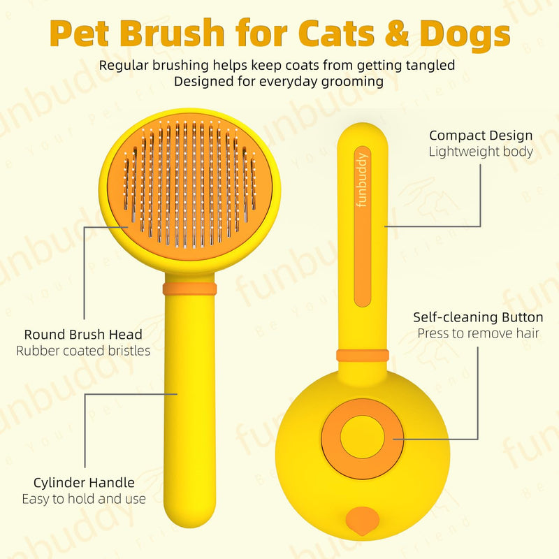 Cat Brush for Shedding, Self-Cleaning Slicker Brush for Indoor Cats, Gently Remove Loose Fur, Pet Grooming Massage Deshedding Tool, Suits Long & Short Haried Cats and Dogs Yellow+Orange