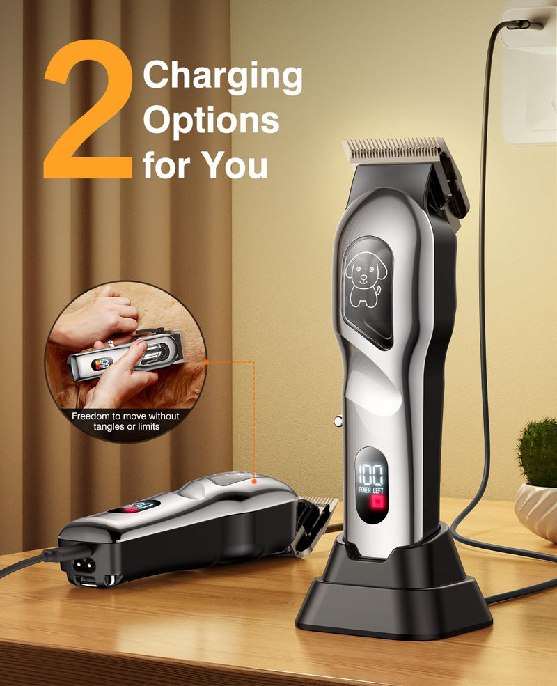 Dog Grooming Kit, Dog Clippers for Grooming for Heavy Thick Hair, Low Noise Cordless Pet Hair Trimmer with Stainless Steel Blade, Professional Rechargeable Hair Trimmer for Dogs and Cats Silver - PawsPlanet Australia