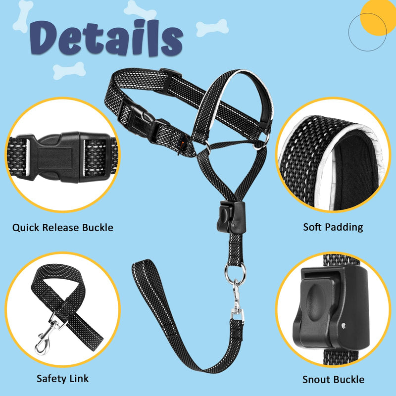 BARKLESS Dog Head Collar, Soft No Pull Head Halter, Reflective Muzzle Leash with Safety Link, Adjustable Headcollar, Padded Nose Leash for Large Medium Dogs Training Walking (Black, L) Black L (Snout 10"-12") - PawsPlanet Australia