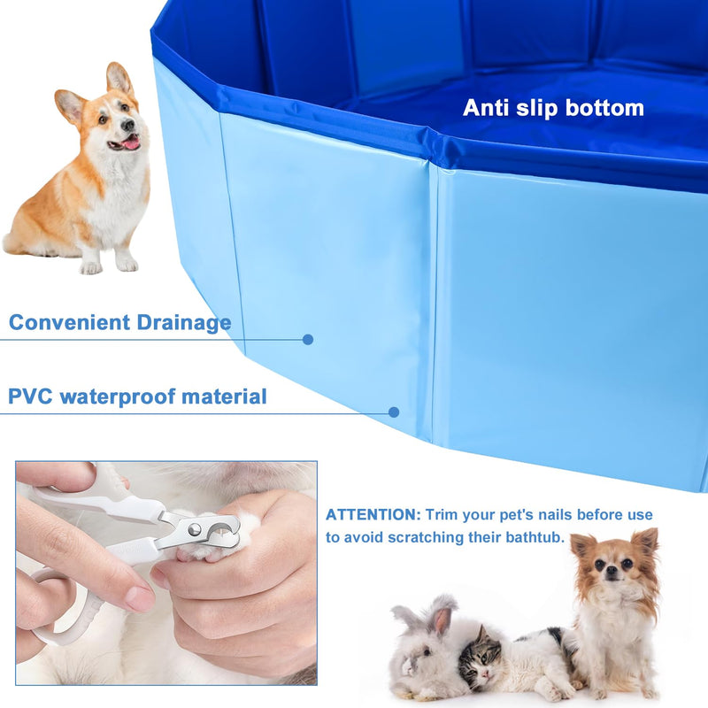 Enenes 24'' x 8'' Dog Pool, Folding Dog Swimming Pool, Portable Dog Bathtub, Dogs Cats PVC Non-Slip Bath Tub Puppy Shower Bathing Tub and Collapsible Pool for Dogs Cats (Blue) Blue - PawsPlanet Australia