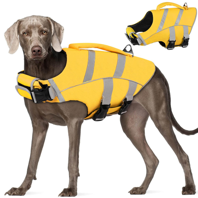 AOFITEE Dog Life Jacket Large, Dog Life Vest for Swimming, High Flotation Dog Swimming Vest with Rescue Handle and D-Ring, Reflective Dog Lifesavers Swimsuit for Swimming Pool Beach Boating XX-Large Yellow