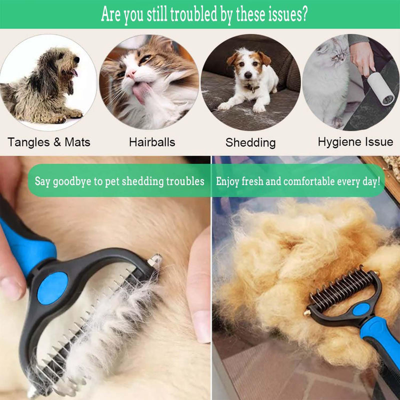 Sided Dematting & Deshedding Comb for Dogs & Cats, Versatile Undercoat Detangler Brush for Shedding, Matted Hair & Fur Remover Tool, Stress-Free Pet Grooming Rake with Ergonomic Handle（2 in 1