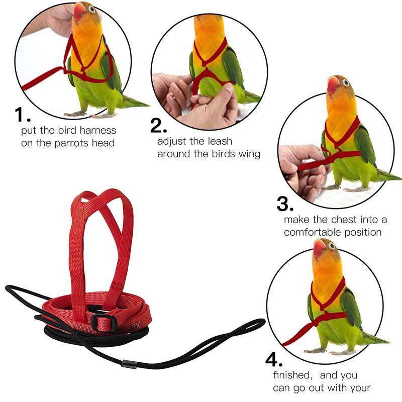 2 pcs Pet Parrot Bird Harness and Leash, Adjustable Training Design Anti-Bite, Outdoor Flying Training Rope Kit for Bird Parrots Fits Birds Chest Between24-51cm /9.45-20inch - M (red red - PawsPlanet Australia
