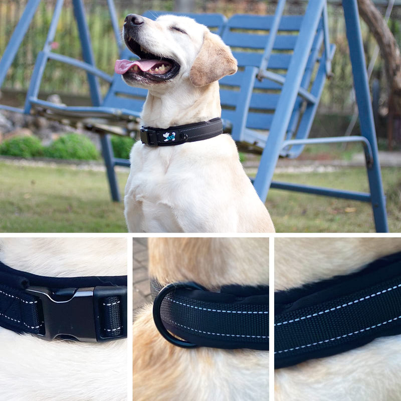 Nylon Padded Dog Collar Soft Adjustable Reflective Wide Pet Collars for Small Medium Large Dogs, Black, S
