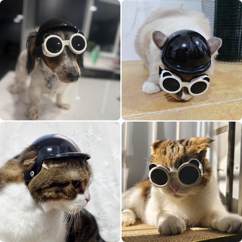 PETLESO Extra Small Dog Goggles and XSmall Dog Helmet, 2Pcs Anti-UV Doggy Sunglasses Cat Motorcycle Protecetive Helmet Set, Chihuahua Safety Hard Hat Outdoor Head & Eyes Protection, White XS Black+White - PawsPlanet Australia