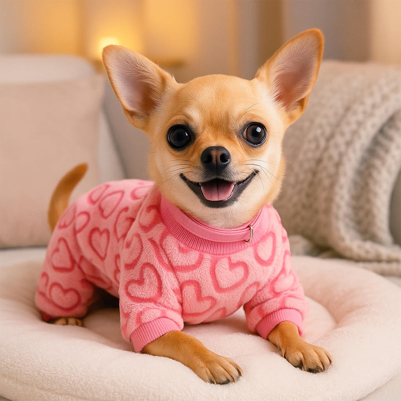 Dog Pajamas for Small Dogs Cats Fleece Jumper Heart Onesie Clothes Soft Pink Pyjamas Rompers Four-Legs Sleepwear Ffor Puppy Chihuahua Yorkie (XS) XS