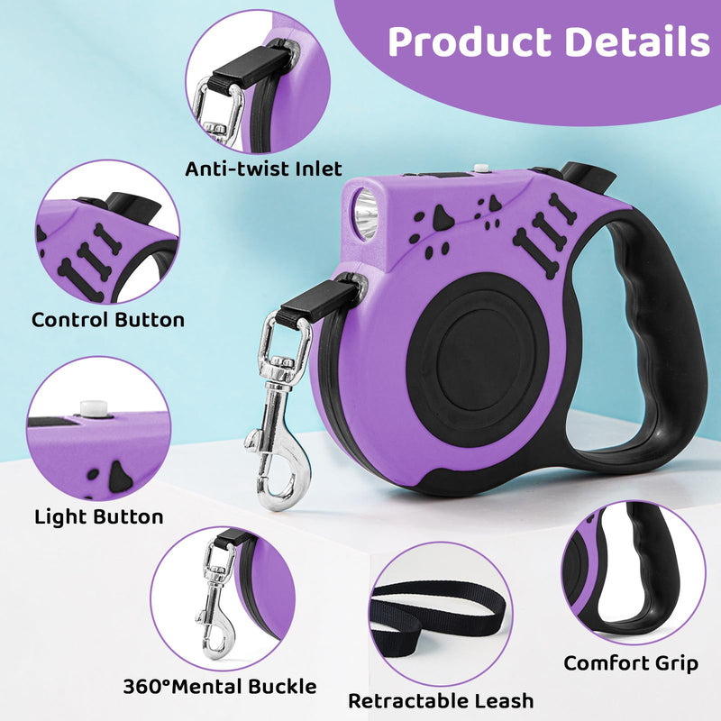 Retractable Dog Leash with USB Rechargeable Flashlight for Night Walks, 16FT Automatic Telescopic Tractor Dog Leash for Small and Medium Dogs, Purple - PawsPlanet Australia