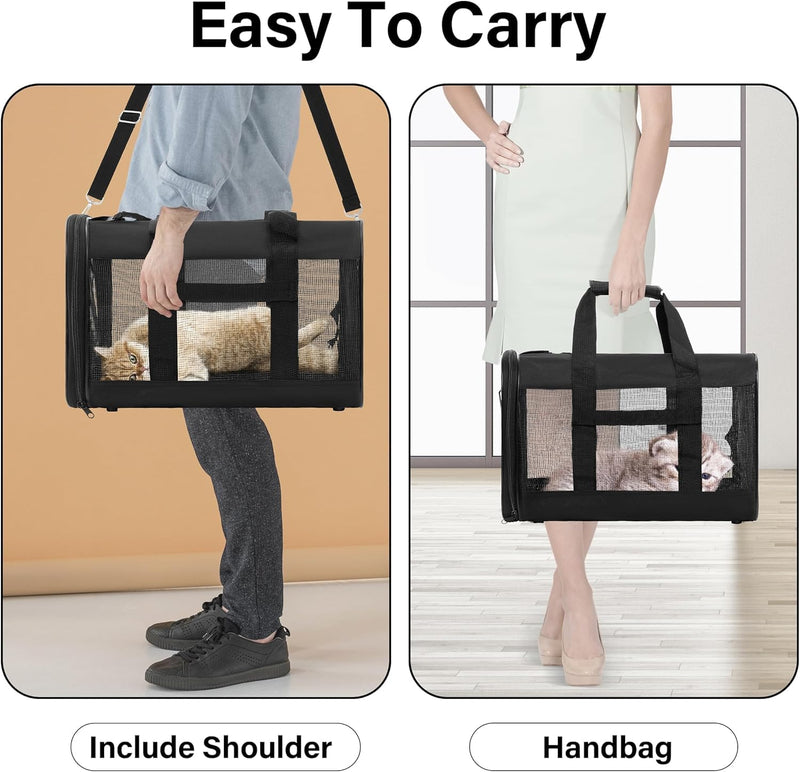 Simple Deluxe Airline-Approved Cat Carrier, 17" x 12" x 12", Soft-Sided Pet Carrier for Cats, Small Dogs, Kittens & Puppies up to 17 lbs, Durable & Collapsible Travel Carrier, Black Black-NEW