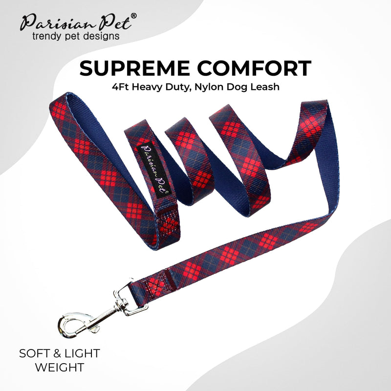 Parisian Pet Dog Lead - 4ft Long, Scottish Red Plaid Print, Durable Nylon Dog Training Leash - Traction Rope for Small/Medium Dogs