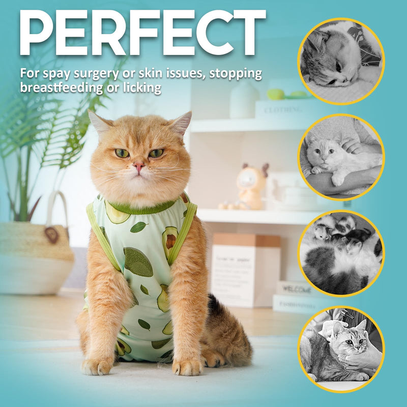 Avont Cat Recovery Suit - Kitten Onesie for Cats After Surgery Bundle with Transparent PVC Cat Cone Collar -S