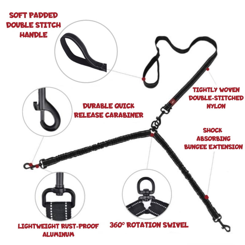 Double Dog Leash Dog Walking Essentials No Tangle Dog Walking Leash for Two Dogs Shock Absorbing Bungees Ideal for Camping Road Trips Beach Essentials & Training for Small Medium & Large Dogs 5-130lbs - PawsPlanet Australia