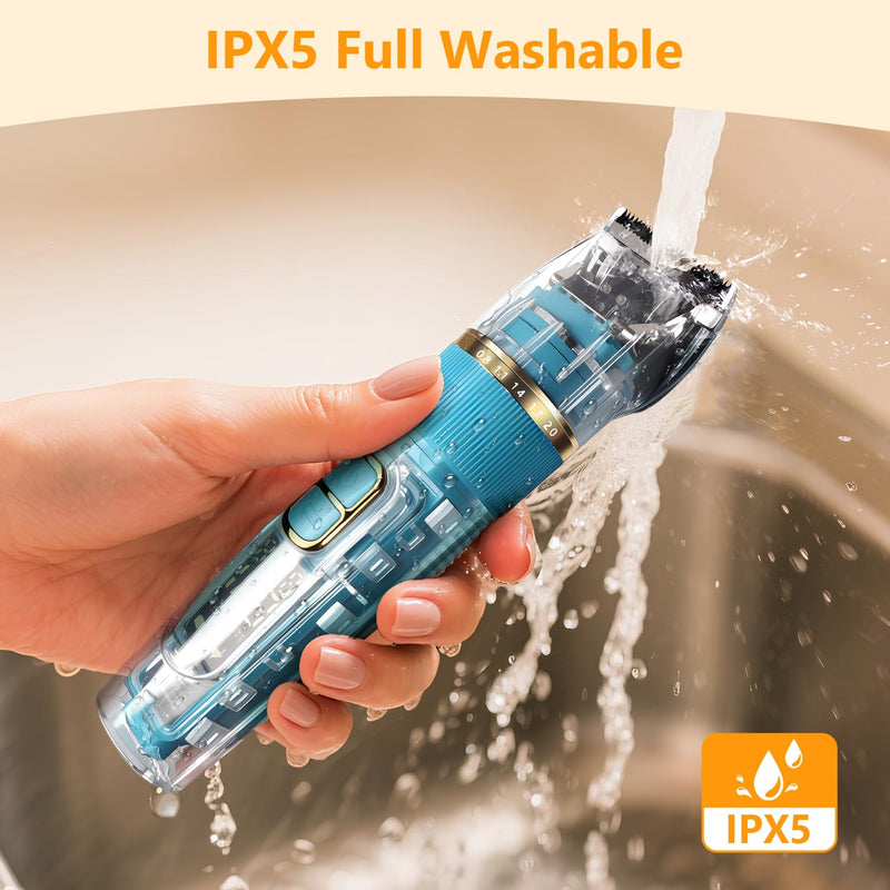 Dog Clippers for Grooming Thick Hair - Professional 50dB Low Noise Cordless Clipper with Titanium Blades & Detachable IPX5 Waterproof Head for Matted Coats, Dogs, Cats and All Pets Cyan Blue - PawsPlanet Australia