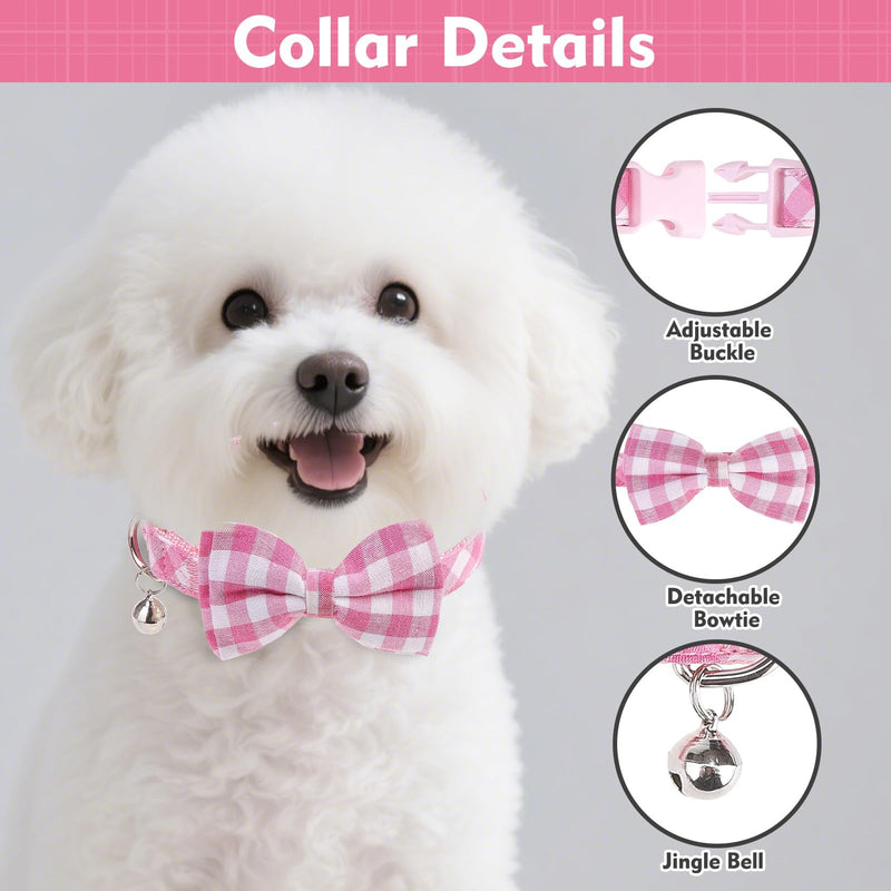 EXPAWLORER Cute Dog Harness Collar Leash Set - Pink Girl Dog Harness Checkered Step-in Design, Detachable Bow Pet Collar, Adjustable No-Choke Lightweight Mesh Vest for Cats Puppy Small Dogs, S Pink (with Collar) - PawsPlanet Australia
