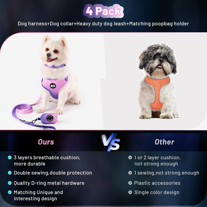 Dog Harness Collar Leash Combo,No Pull Adjustable Vest Cute for Small Puppy Medium Girl/Boy Pets with Poop Bag Holder(XSmall,Purple) XSmall Purple - PawsPlanet Australia