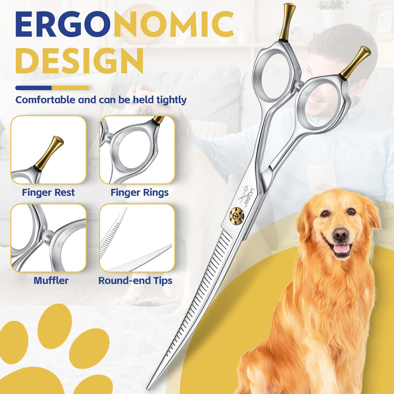 JASON 7" Dog Grooming Scissors - Up-curved Thinning Shears with 25%-30% Thinning Rate, Japanese 440C Stainless Steel Dog Blenders for Grooming with Adjustable Screw (32 Teeth, Silver) Christmas Gift - PawsPlanet Australia