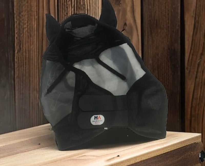 Majestic Ally Horse Fly Mask with Ears, Comfort Durable Fine Mesh, Soft Fleece Touch on Skin, Protect Eyes and Ears (Black) Black - PawsPlanet Australia