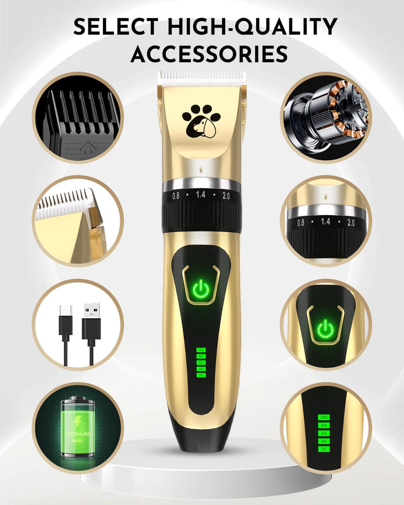 Dog Clippers Cordless, Professional Pet Clippers, 2-Speed Low Noise Dog Grooming Kit, Pet Trimmer for Small Large Thick Hair Dogs Cats Gold - PawsPlanet Australia