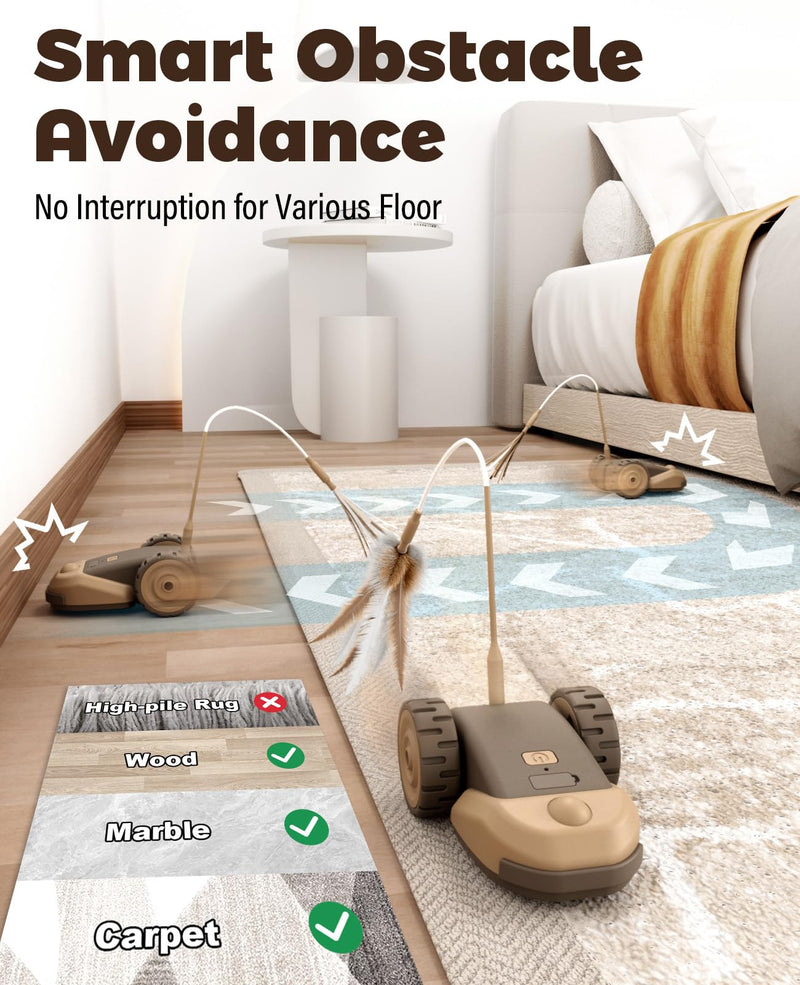 3-in-1 Interactive Cat Toy - 2-Speed Automatic Moving Mouse Cat Toys Self Play with 2pcs Hanging Feather String Ribbon and Wiggly Silicone Mice Tail for Bored Indoor Adult Cats Kittens Brown - PawsPlanet Australia