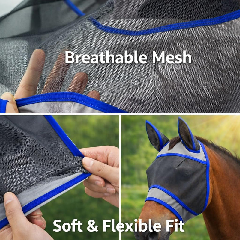 Horse Fly Mask with Ears for Riding & Grazing, Secure Fit in Wind, Breathable Soft Mesh, UV Protection, Large Eye Space for Comfort, Durable Design-L