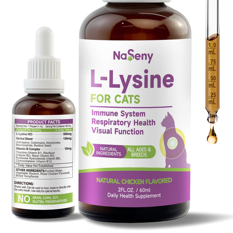 L-Lysine for Cats, L-Lysine Supplement for Cats, Immune Support, Respiratory, & Eye Health with Astragalus, Codonopsis,& Vitamin B Complex, Eases Sneezing, Runny Nose, and Watery Eyes, 2FL oz