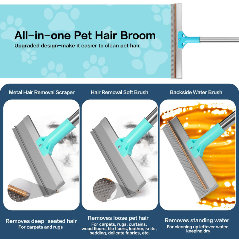 3 in 1 Carpet Rake for Pet Hair Removal, Reusable Pet Hair Remover Broom with 54" Adjustable Long Handle, Dog Cat Carpet Scraper Brush Tool Kit for Cleaning, Dog Fur Broom for Rugs, Mats, Couch - PawsPlanet Australia