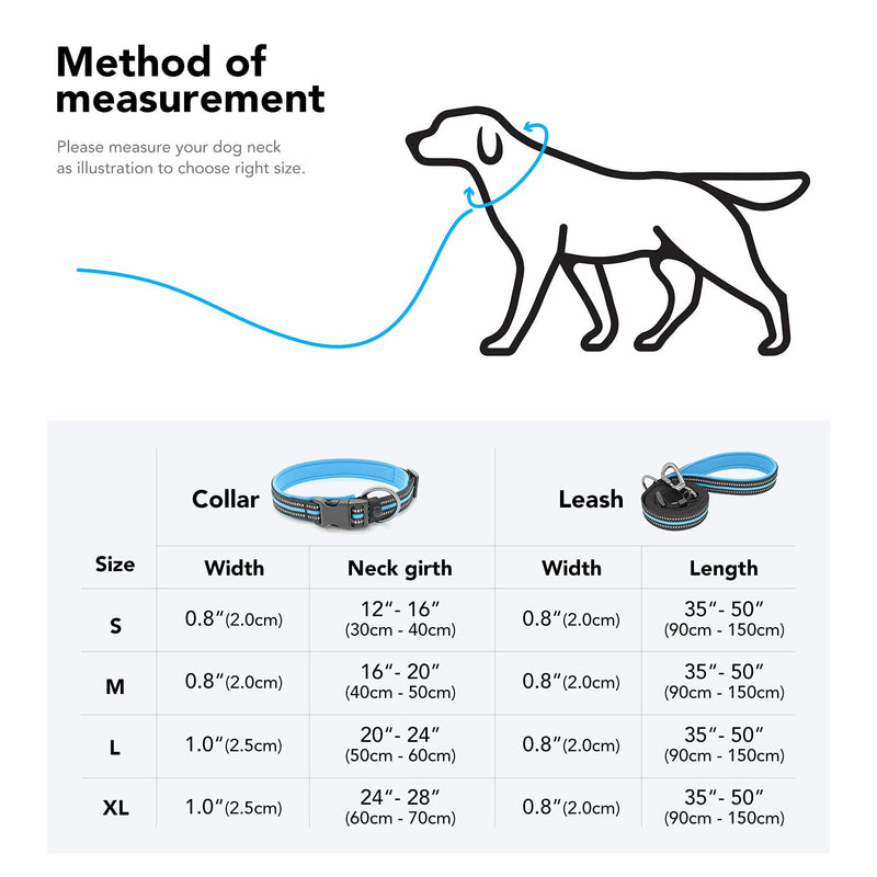 BSEEN Reflective Dog Collar and Leash Set - Adjustable Nylon Dog Collar& Leash with Neoprene Padded, Heavy Duty Dog Collar with 5 Feet Dog Lead for Dog Walking (Blue, Small) Blue