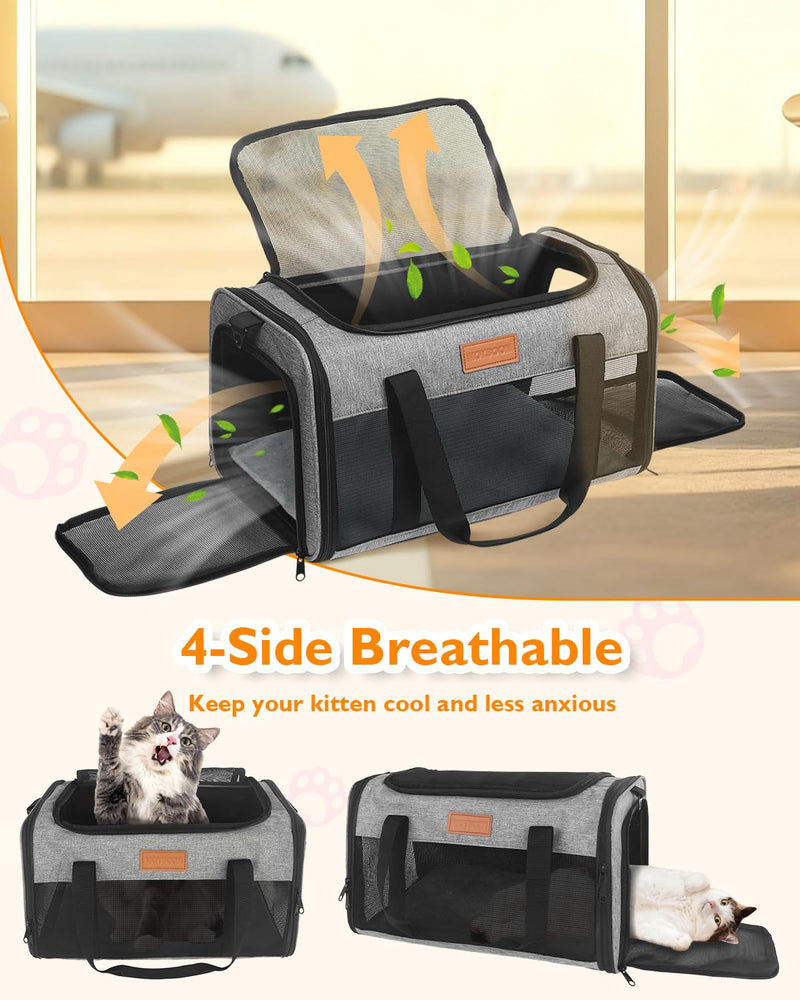 PETUX Airline Approved Pet Carrier - 17x11x9.5 in, Underseat, Top & Side Entry, Soft Sided Cat Dog Carrier for Small Cat & Dog Up to 12 lbs with Breathable Anti-Scratch Mesh for Travel & Vet - Grey 17.0"L x 11.0"W x 9.5"H - PawsPlanet Australia