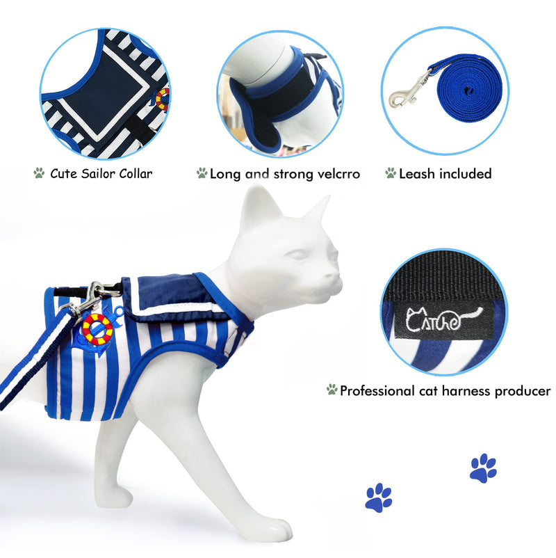 Escape Proof Cat Harness with Leash Large, Adjustable Cat Walking Jackets, Padded Cat Vest Sailor Suit Navy L(3.5-5.5kgs) - PawsPlanet Australia