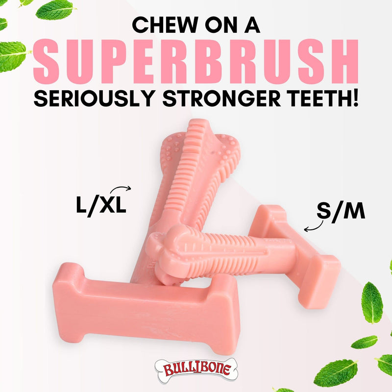 Bullibone SuperBrush Dog Dental Chew Toy for Large Breeds (2 Pack) - Pink Peppermint Large 2-Pack