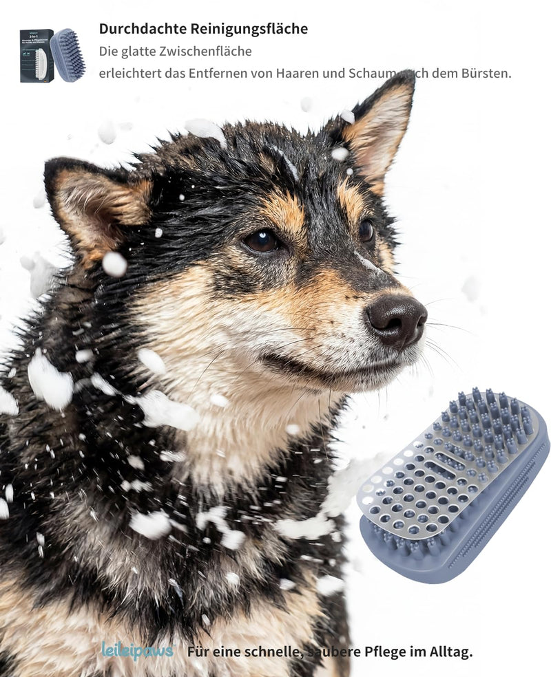 Bath Brush & Rubber Curry for Dogs & Cats - Mouse Shaped Silicone Washing Brush with Non-Slip Sides | Sturdy Handle When Bathing | Massage & Removes Loose Top Coat