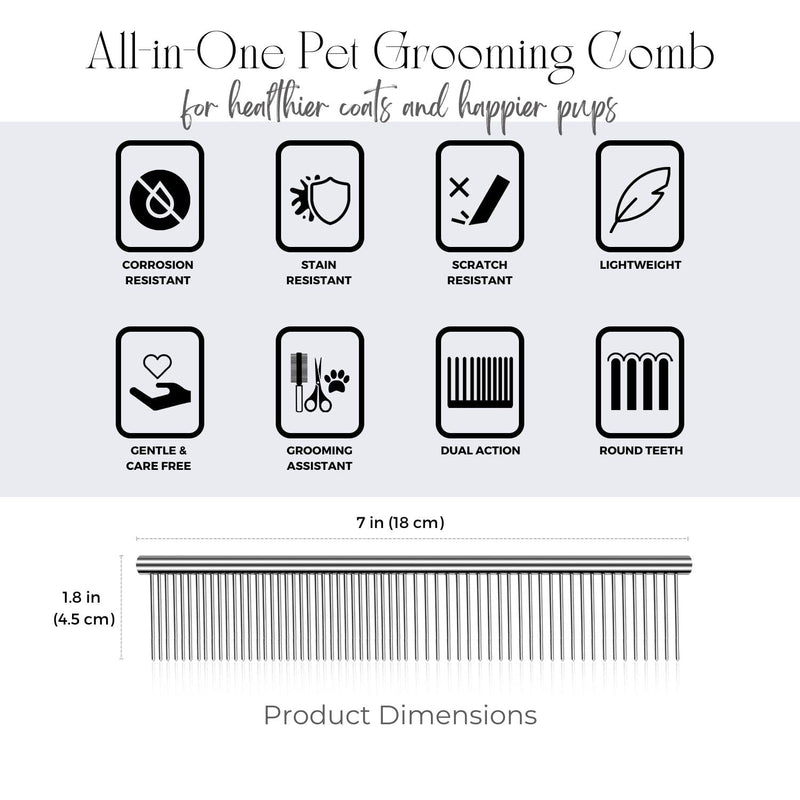 Flexzion Pet Grooming Comb Stainless Steel Cats Dogs Puppy Medium Animals Hair Trimmer Brush Accessory Tool with Smooth Teeth Needle Durable Lightweight Large (45mm) - PawsPlanet Australia