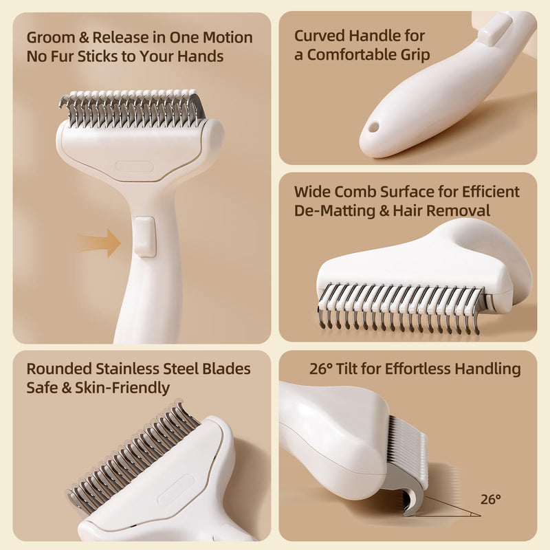 Pet Grooming Combo Tool for Cats and Dogs, Deshedding and Dematting Rake with Metal Comb forDetangling Long, Matted Fur (White) White