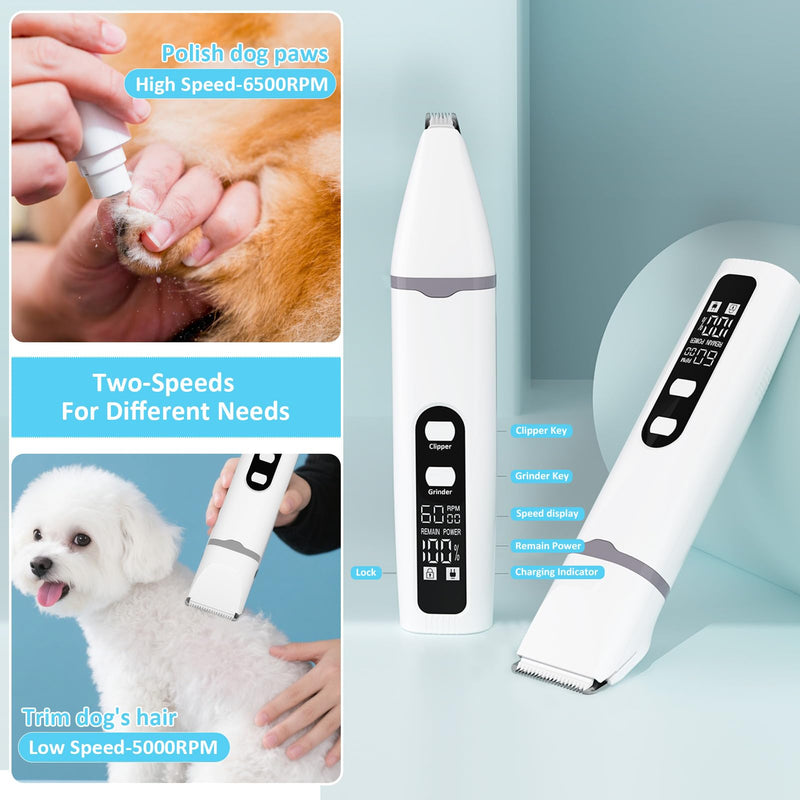 Dog Clippers for Grooming, 4 in 1 Dogs Paw Trimmer Pet Grooming Kit, Low Noise Dog Shavers with Nail Grinder Quiet, Rechargeable Cordless Electric Pets Clippers, 2-Speed Pet Hair Trimmer for Dogs Cat Off-white