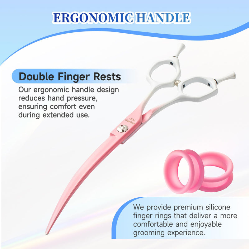 Curved Dog Grooming Scissors Pink to White Gradient 440C Stainless Steel Pet Grooming Shears Sharp Durable Dog Shears for Professional or Home Use Ergonomic Handle with 2 Silicone Finger Rings - PawsPlanet Australia