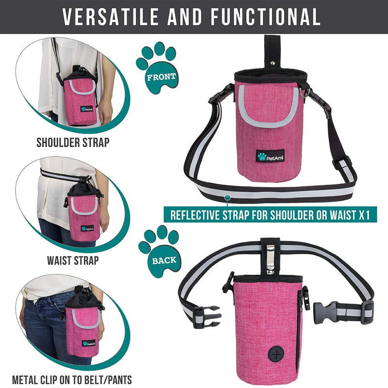 PetAmi Dog Treat Pouch, Large Pet Training Treat Pouch with Pocket, Dog Trainer Essentials Supply Holder with Poop Bag Dispenser, Training Bag for Kibbles Toys, 3 Ways to Wear (Pink) Pink