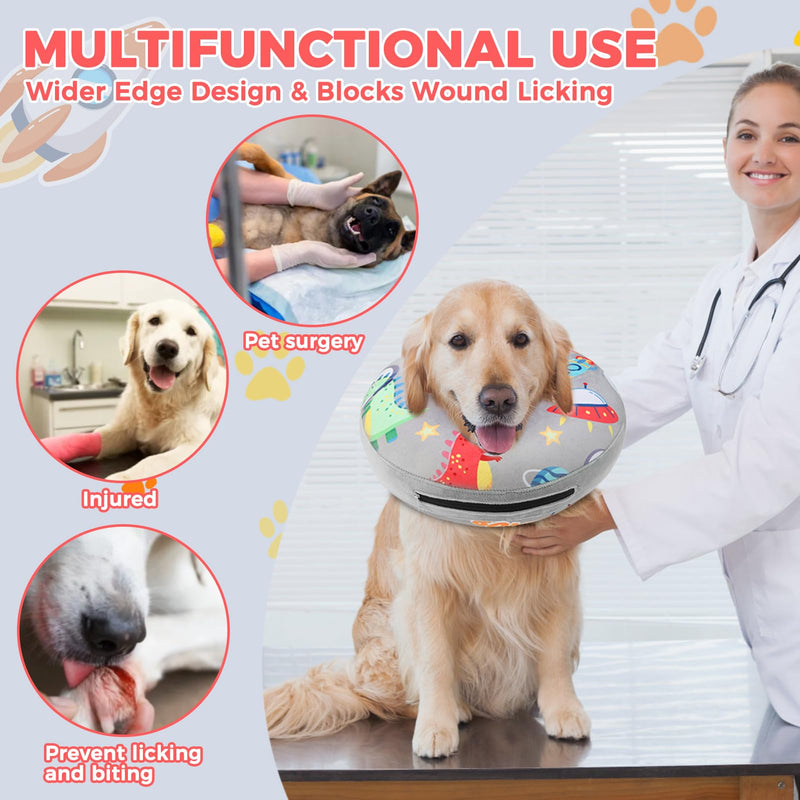 PAWCHIE Inflatable Dog Cone Collar Alternative, Soft Dog Cone for Medium to Large Dogs After Surgery, Adjustable Neck Recovery E-Collars Donut Collar with Cute Dinosaur Prints, Grey L L(Neck:16"-18")
