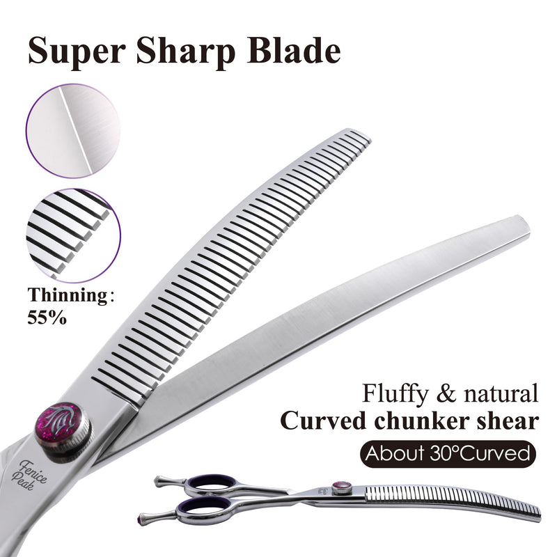 Fenice Peak 6.5'' Fluffy Dog Grooming Scissors Professional 440C Curved Thinning Shears 55% Thinning Rate and 30°Curved Sharp and Durable with Decorative Screws & Tails 6.5'' - PawsPlanet Australia