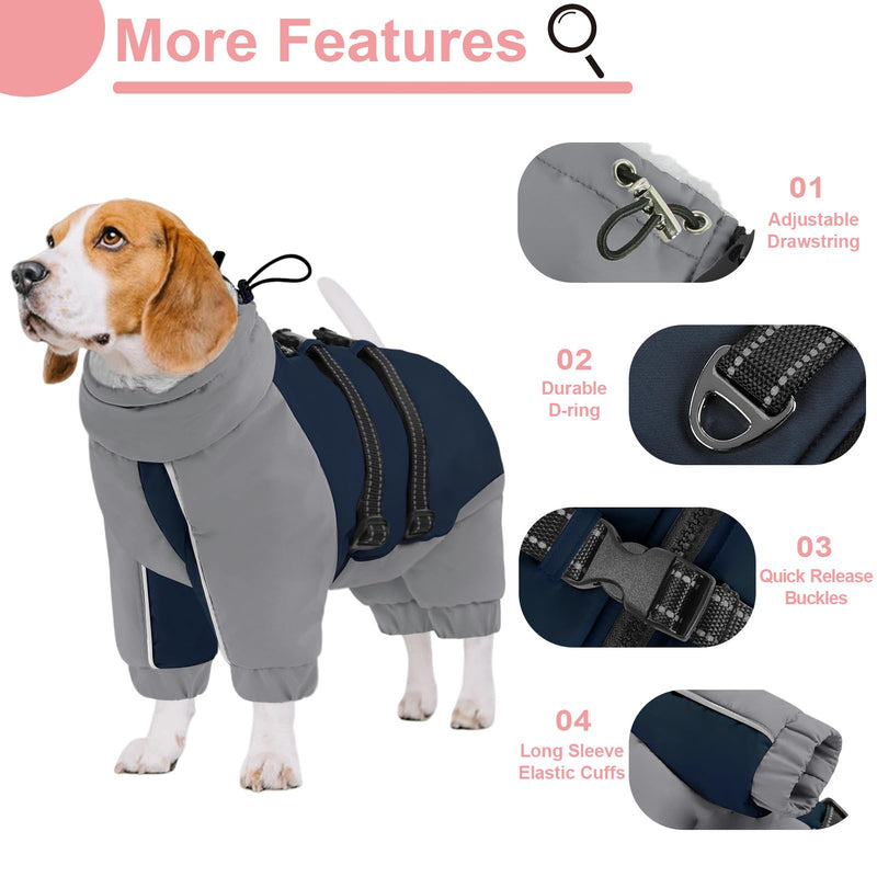 KOESON Four Legged Winter Dog Jacket with Adjustable Buckles, Turtleneck Windproof Fleece Jacket, Reflective Fullbody Puffer Coat Blue Grey L Large