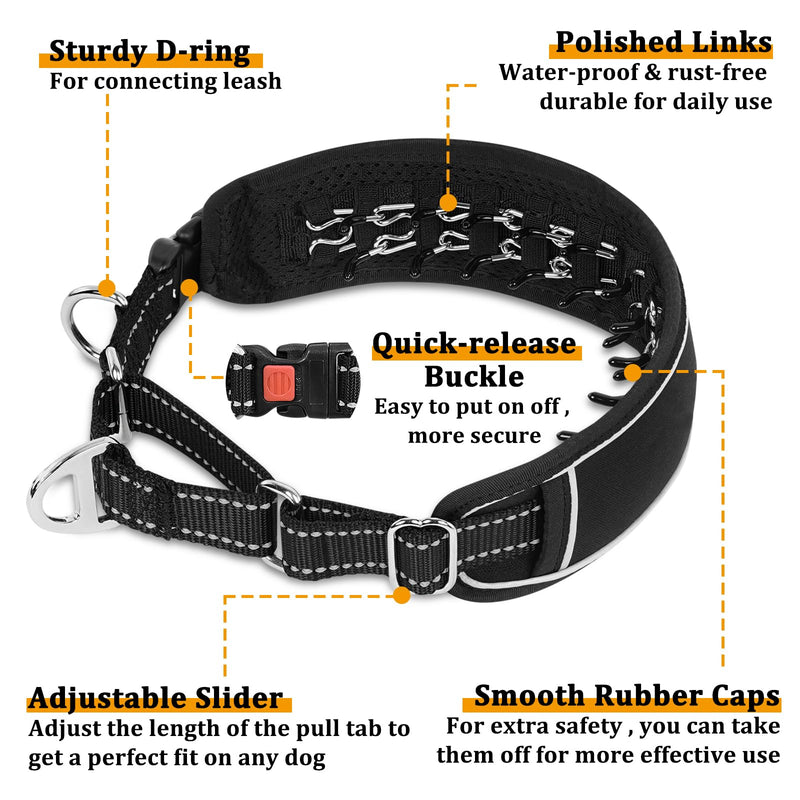 Mayerzon Martingale Dog Collar No Pull for Large Medium Dogs, Adjustable Neoprene Dog Walking Collar No Pull for Pitbull German shepherd Rottweiler, Reflective Anti Pull Dog Collar for Training Hiking Large,2.5mm,17¾''-19¾"Neck Black - PawsPlanet Australia