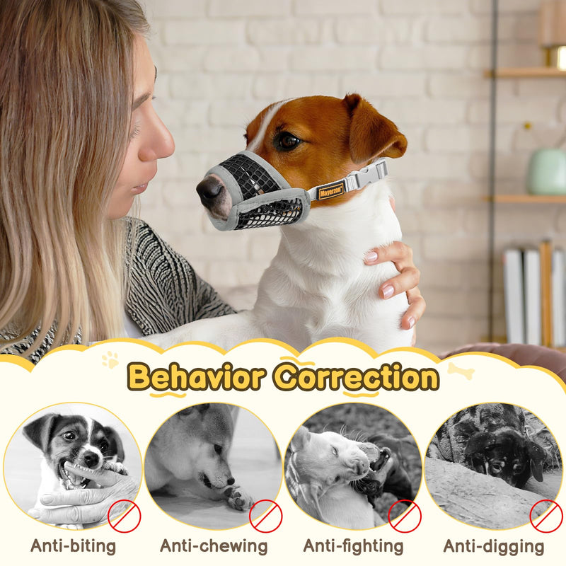 Mayerzon Dog Muzzle for Biting, Patented Soft Breathable Mesh Muzzle for Small Medium Dogs Chihuahua Dachshund Poodle, Adjustable Mouth Cover for Grooming, Chewing, Vet Visits (Grey Trim, M) Grey Trim M-(Snout Cir 7¼"-8")